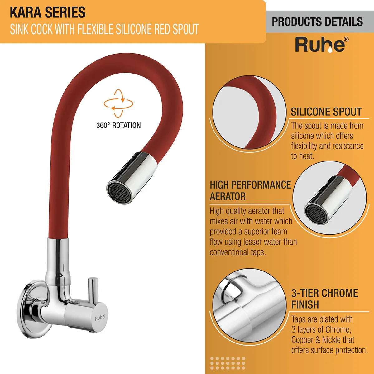 Kara Brass Sink Tap with Silicone Red Flexible Spout product details
