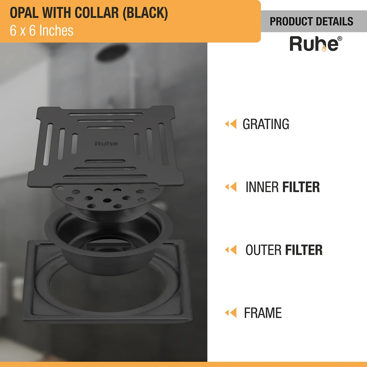 Opal Square 304-Grade Floor Drain in Black PVD Coating (6 x 6 Inches) with grating, inner filter, outer filter, frame