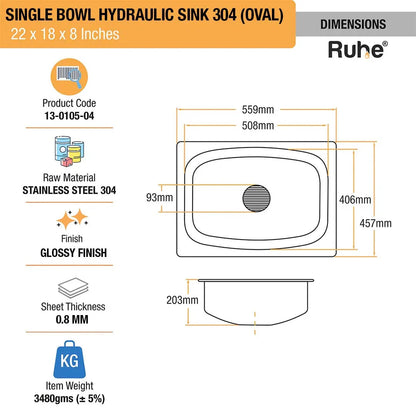 Oval Single Bowl Kitchen Sink (22 x 18 x 8 Inches)