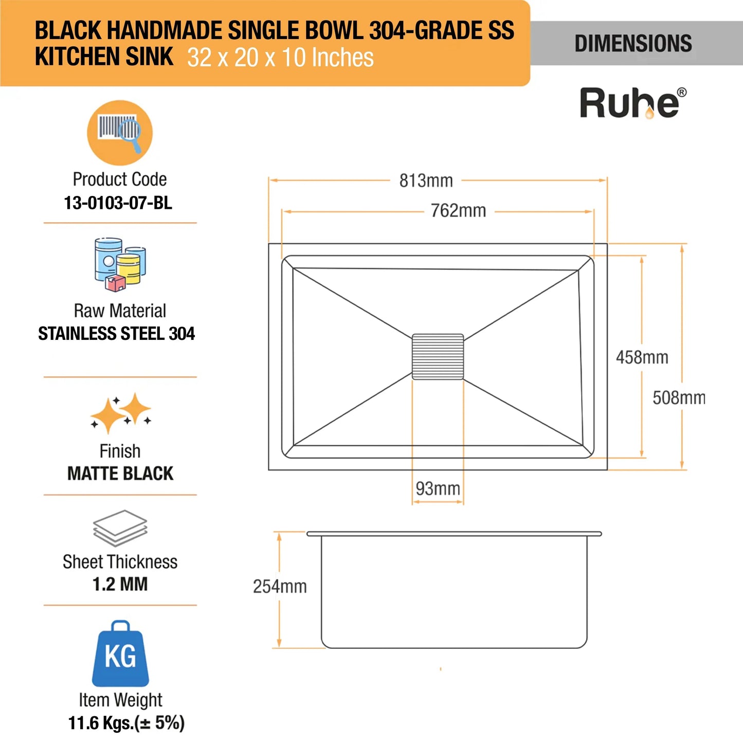 Handmade Single Bowl Kitchen Sink black(32 x 20 x 10 Inches) (Dimensions)