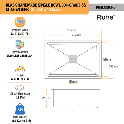 Handmade Single Bowl Kitchen Sink black(32 x 20 x 10 Inches) (Dimensions)