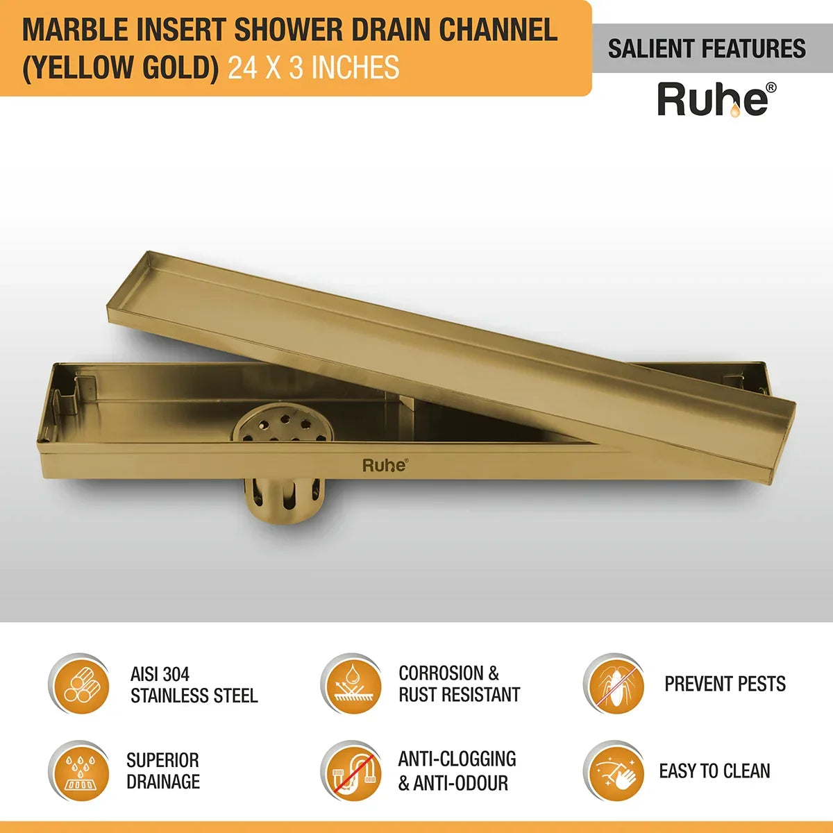 Marble-Insert Shower Drain Channel Yellow Gold (3 Inches)