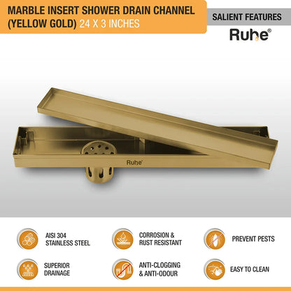 Marble-Insert Shower Drain Channel Yellow Gold (3 Inches)