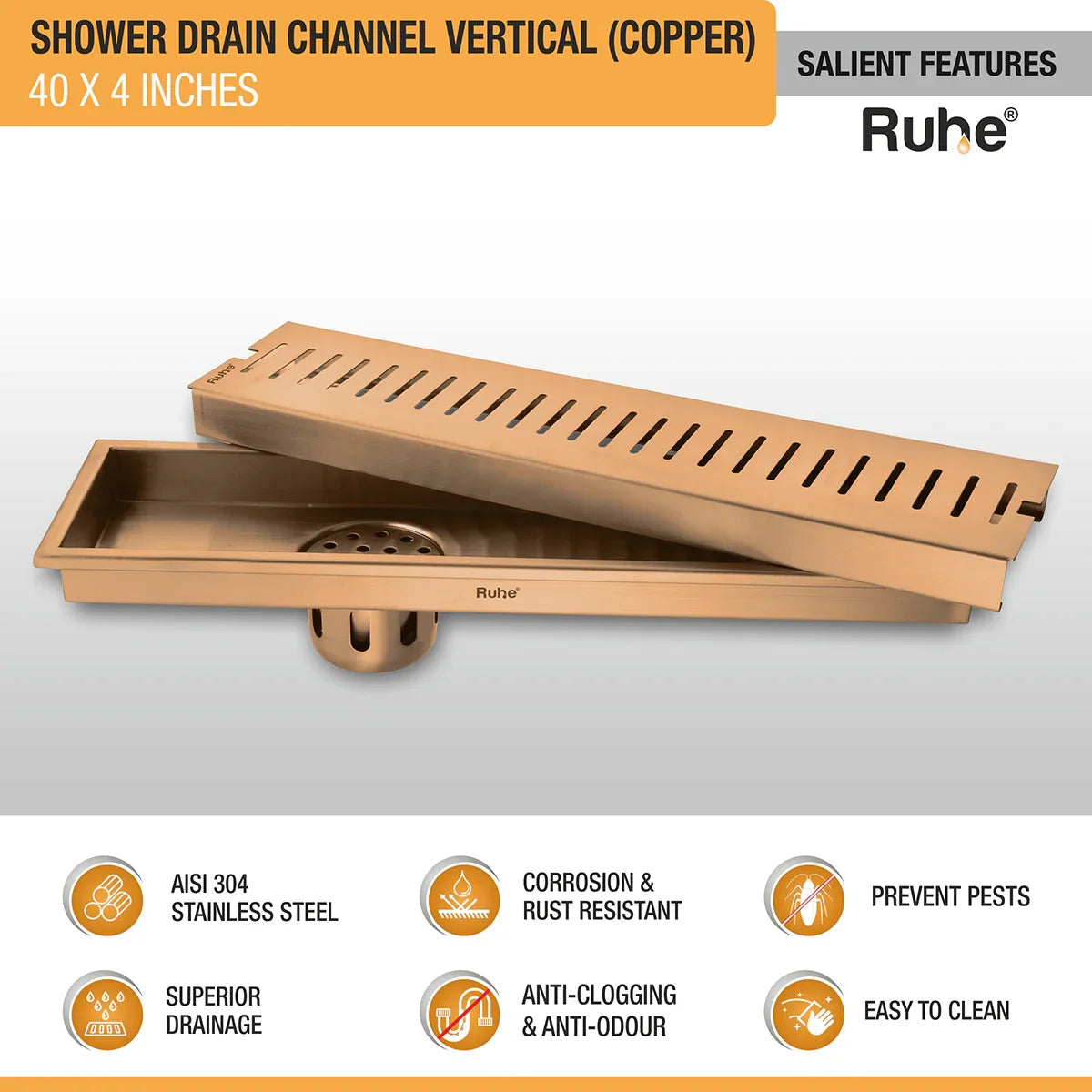 Vertical Shower Drain Channel (40 x 4 Inches) Antique Copper PVD Coated - by Ruhe