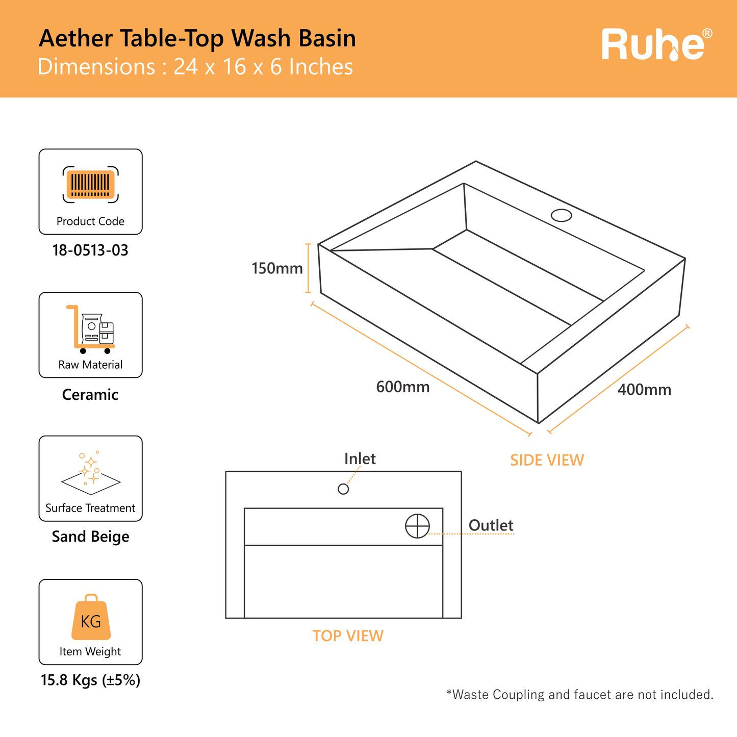 Aether Table Top Wash Basin Beige (dimensions)