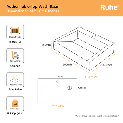 Aether Table Top Wash Basin Beige (dimensions)