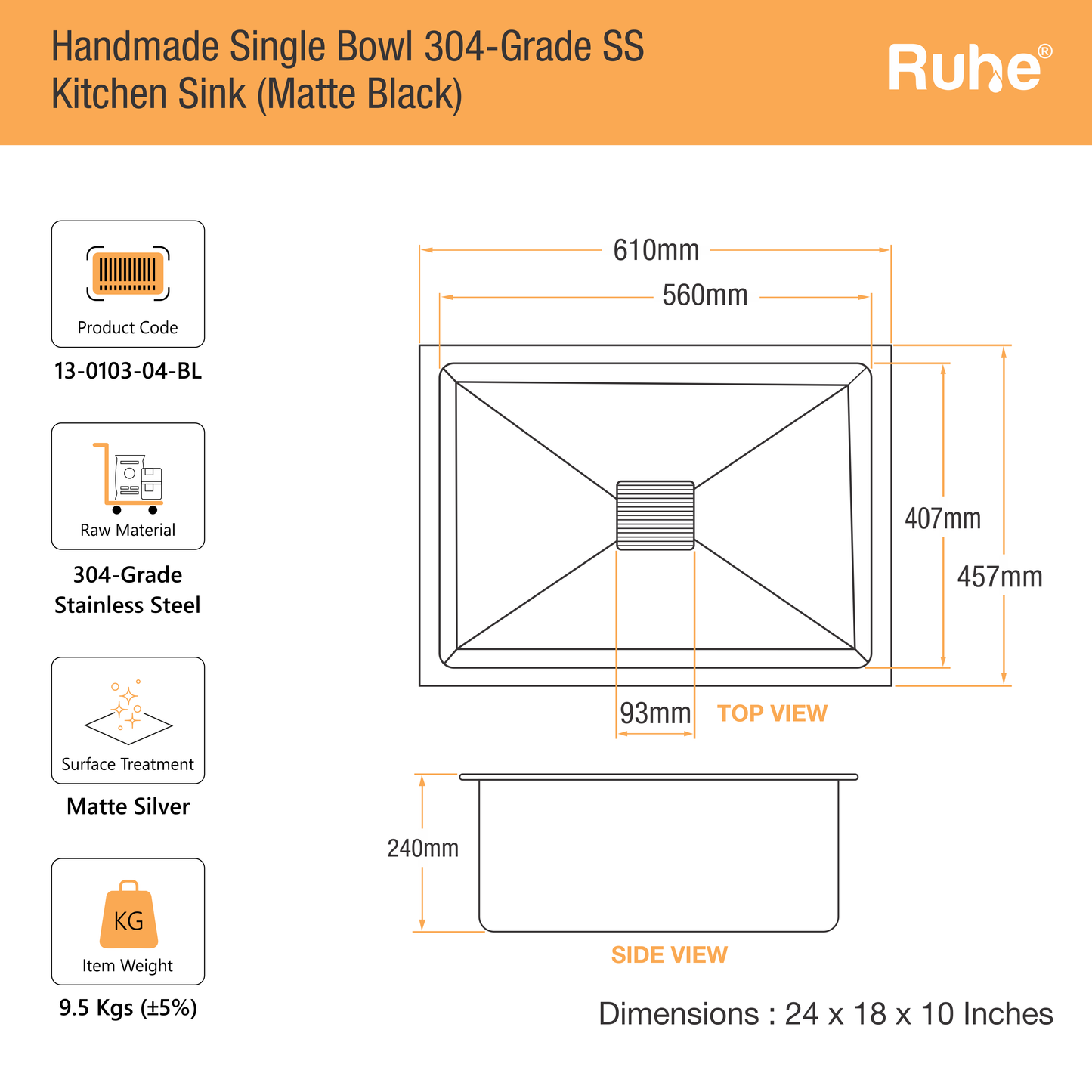 Handmade Single Bowl Kitchen Sink Black (24 x 18 x 10 Inches) (Dimensions)