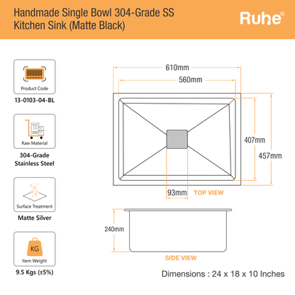 Handmade Single Bowl Kitchen Sink Black (24 x 18 x 10 Inches) (Dimensions)