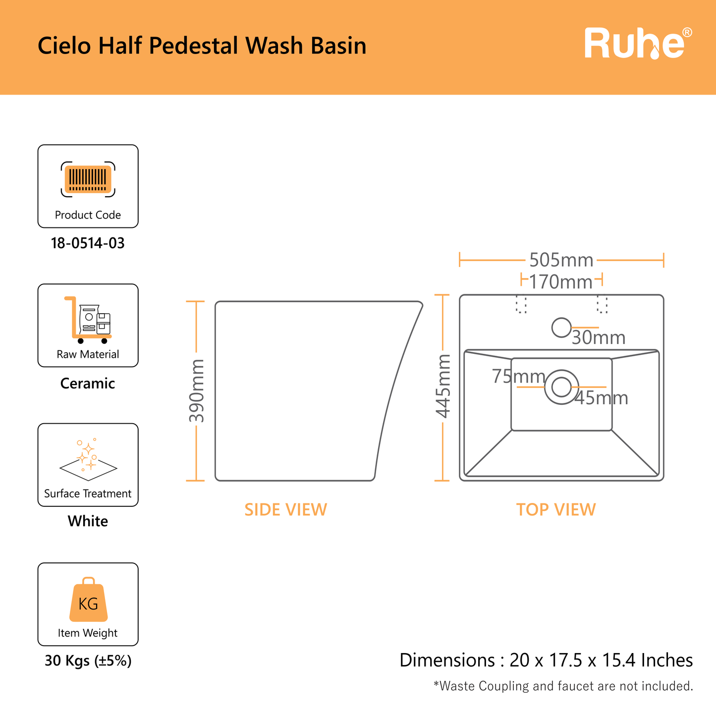 Cielo Half Pedestal Wash Basin (dimensions)