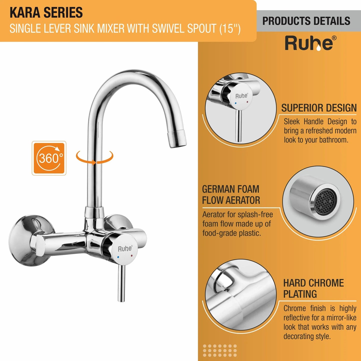 Kara Single Lever Wall-mount Kitchen Sink Mixer Tap with Medium Swivel Spout (15") - by Ruhe