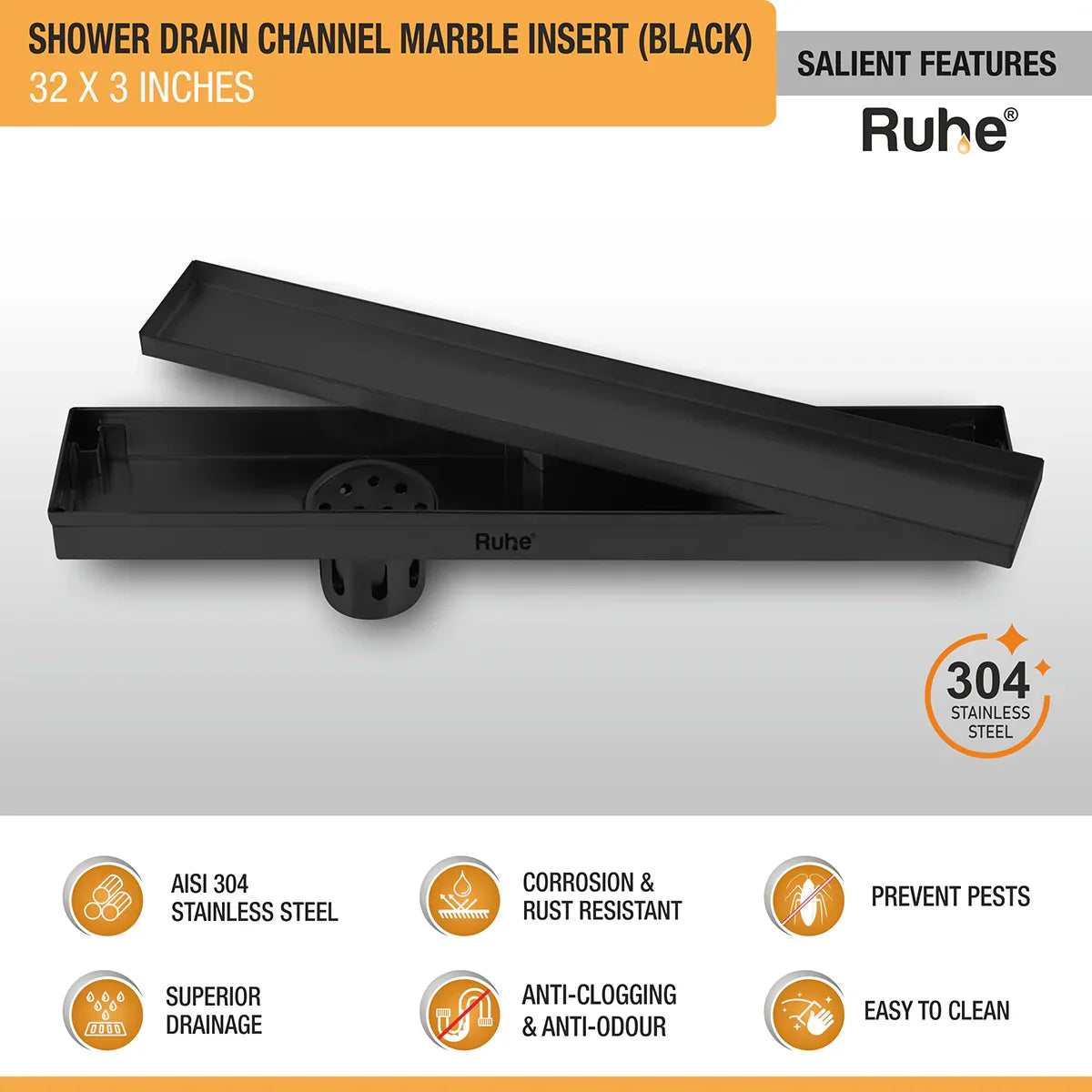 Marble-Insert Shower Drain Channel (3 Inches)