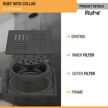 Ruby Square 304-Grade Floor Drain in Black PVD Coating (6 x 6 Inches) with grating, inner filter, outer filter, frame