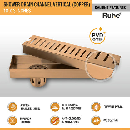 Vertical Shower Drain Channel (18 x 3 Inches) Antique Copper PVD Coated - by Ruhe