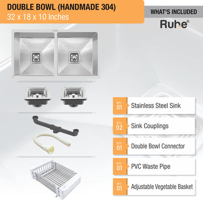 Handmade Double Bowl Kitchen Sink (32 x 18 x 10 Inches) (What's Included)