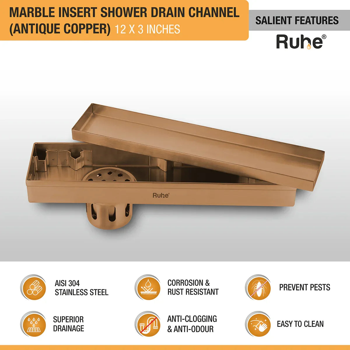 Marble-Insert Shower Drain Channel (3 Inches)