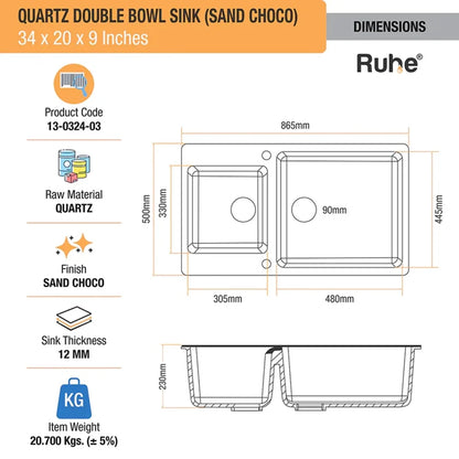 Quartz Double Bowl Kitchen Sink (34 x 20 x 9 inches)