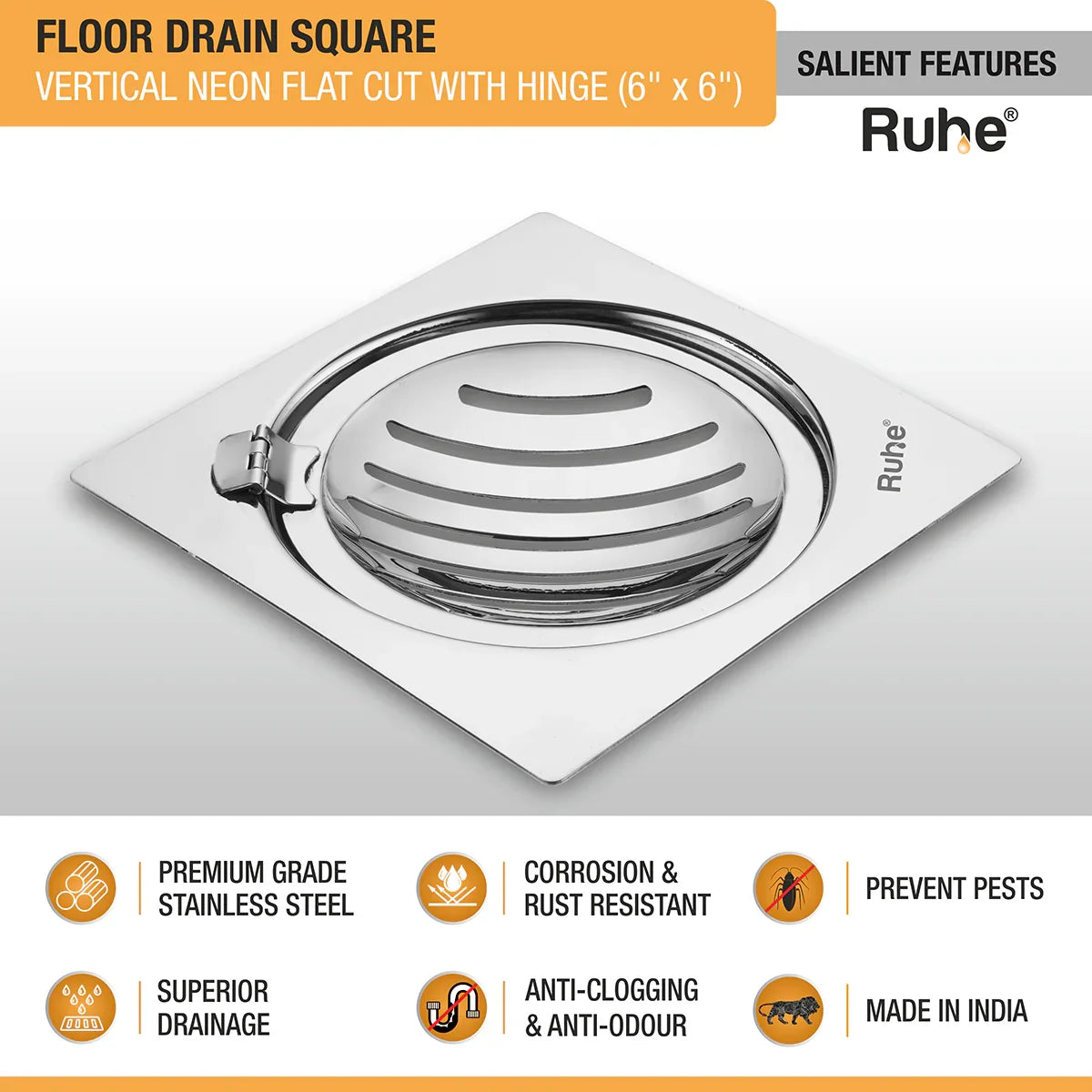 Vertical Neon Square Flat Cut Floor Drain (6 x 6 inches) with Hinged Grating Top features