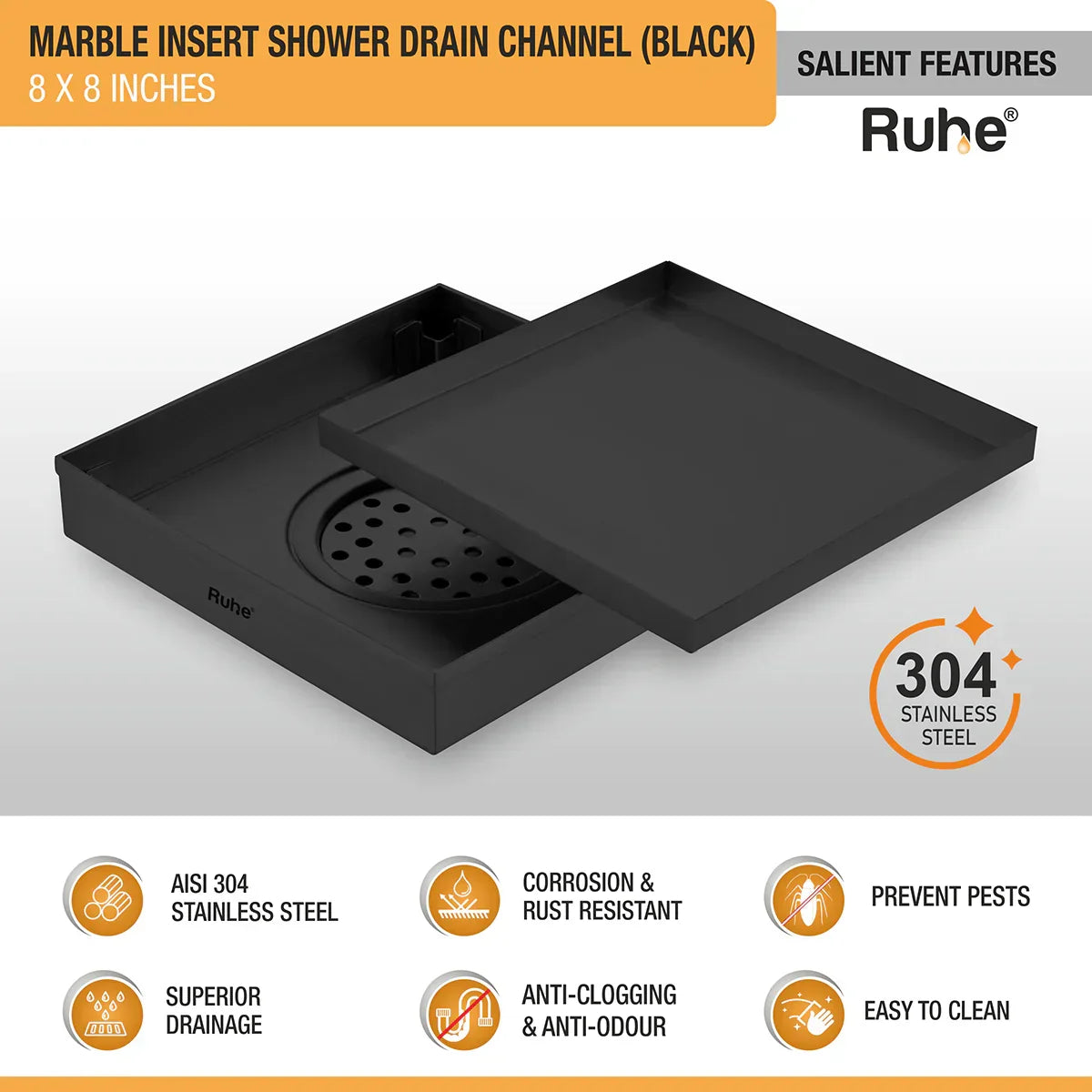 Marble-Insert Shower Drain Channel (8 x 8 Inches)