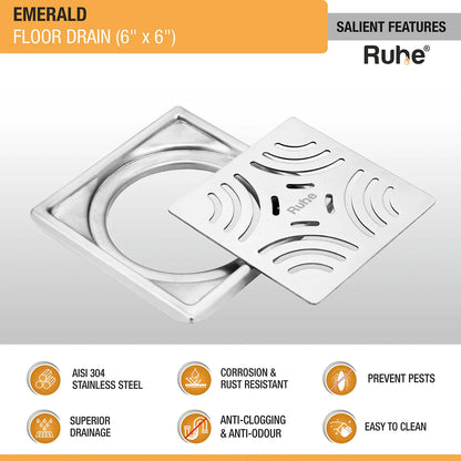 Emerald Square 304-Grade Floor Drain (6 x 6 Inches) - by Ruhe