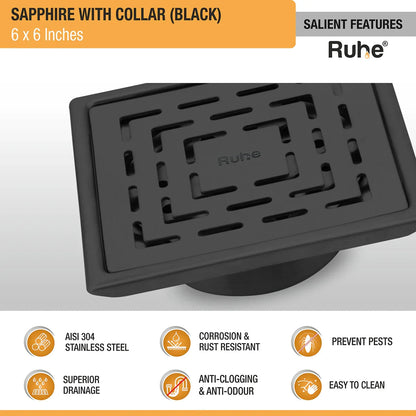 Sapphire Square 304-Grade Floor Drain in Black PVD Coating (6 x 6 Inches) features and benefits