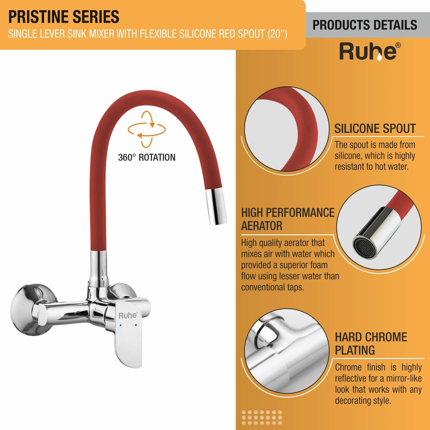 Pristine Single Lever Wall-mount Kitchen Sink Mixer Tap with Red Silicone Spout - by Ruhe