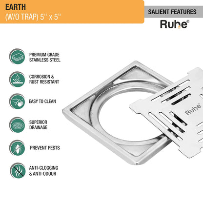 Earth Square Premium Floor Drain (5 x 5 Inches) - by Ruhe