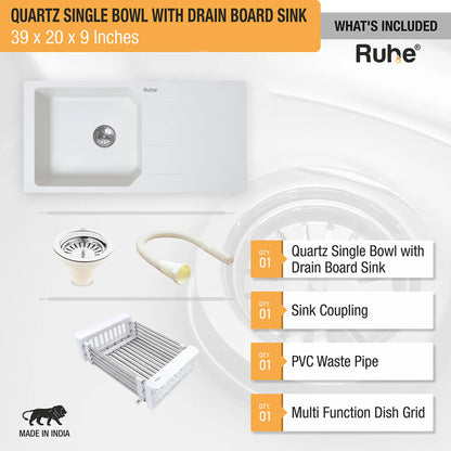 Quartz Single Bowl with Drainboard Kitchen Sink (39 x 20 x 9 Inches)