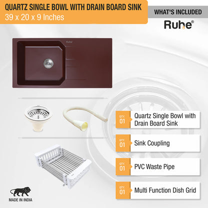 Quartz Single Bowl with Drainboard Kitchen Sink (39 x 20 x 9 Inches)
