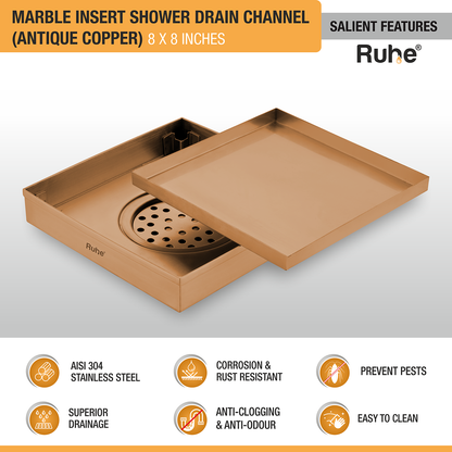 Marble-Insert Shower Drain Channel (8 x 8 Inches)