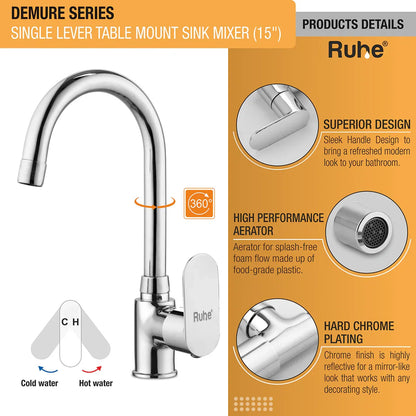 Demure Single Lever Table-Mount Sink Mixer Brass Faucet with Medium (15 Inches) Round Swivel Spout product details