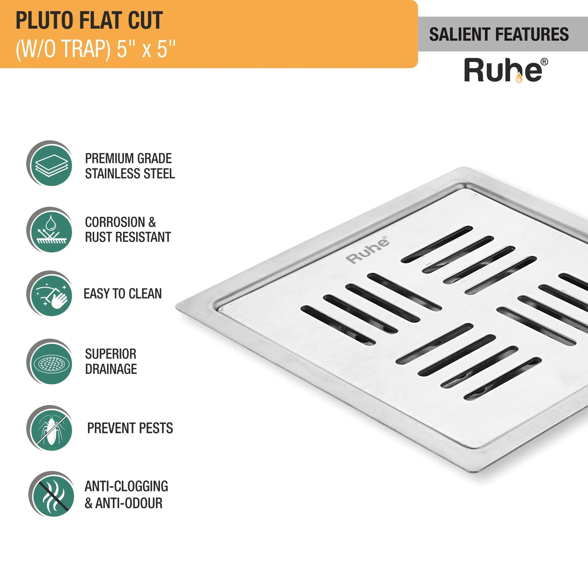 Pluto Square Premium Flat Cut Floor Drain (5 x 5 Inches) features