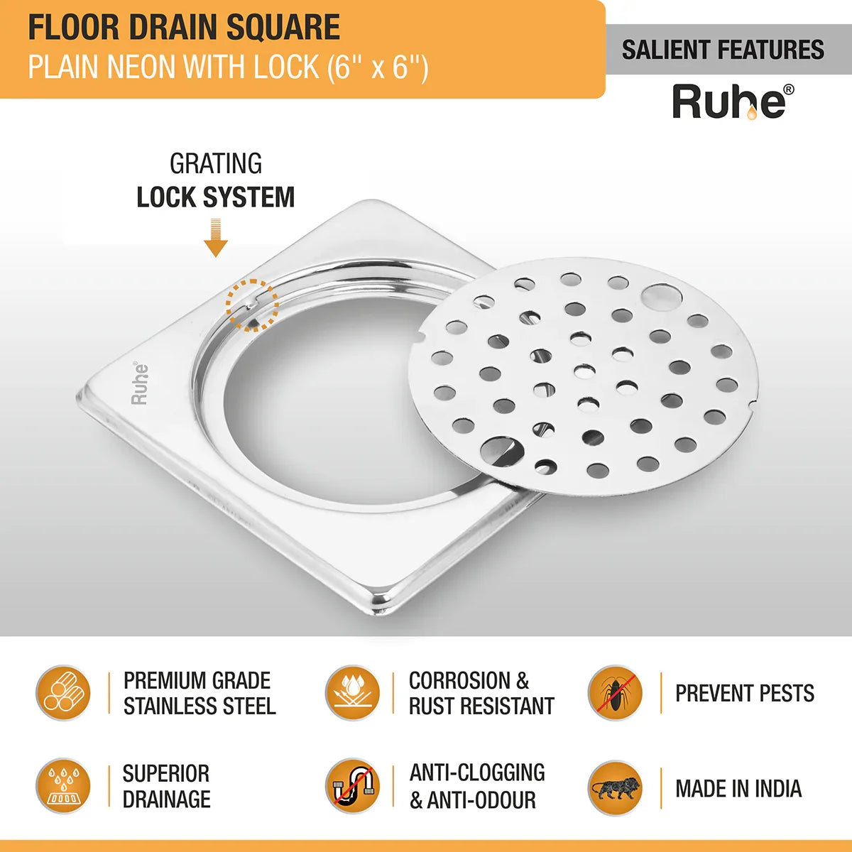Plain Neon with Collar Square Floor Drain (6 x 6 inches) with Lock features