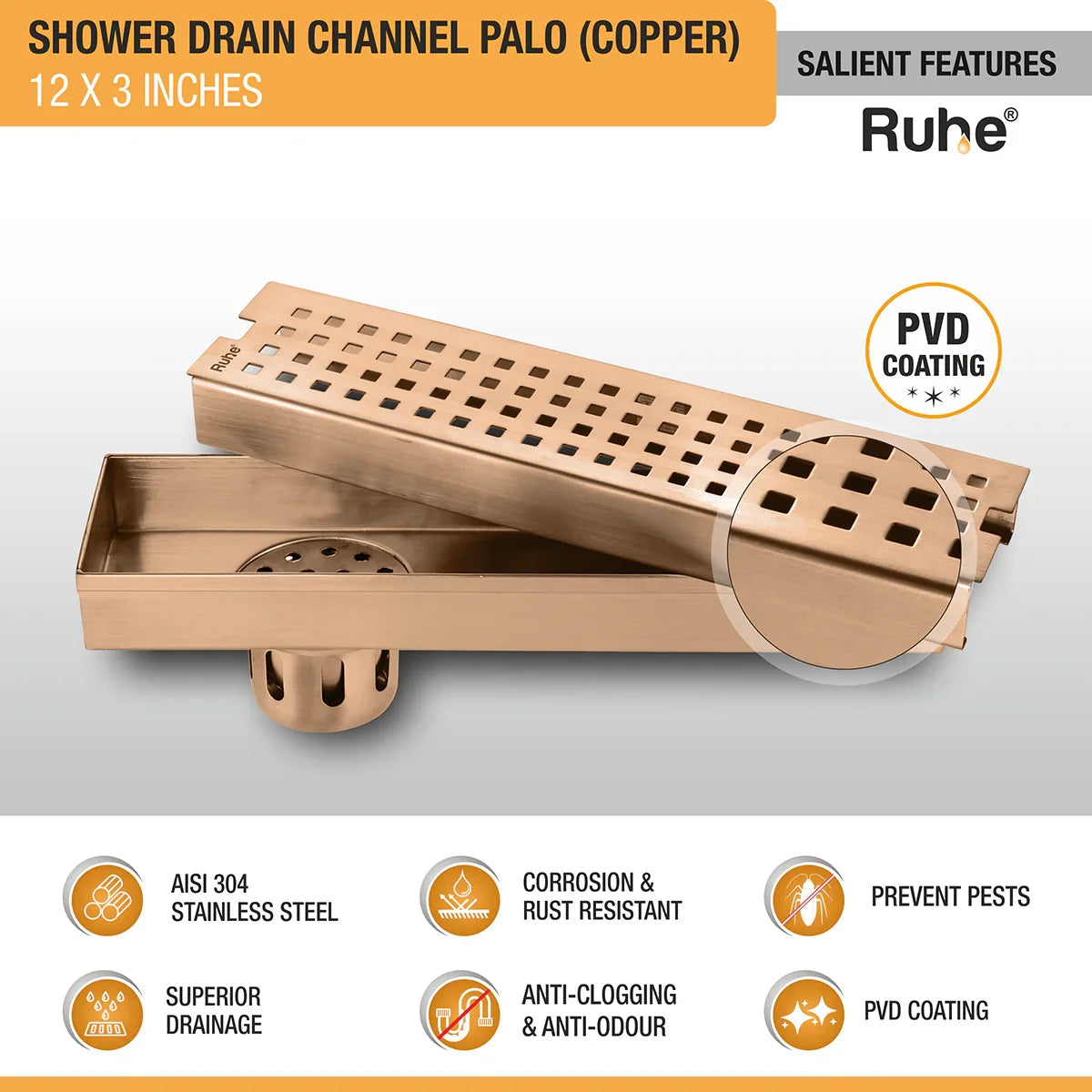 Palo Shower Drain Channel (12 x 3 Inches) Antique Copper PVD Coated - by Ruhe