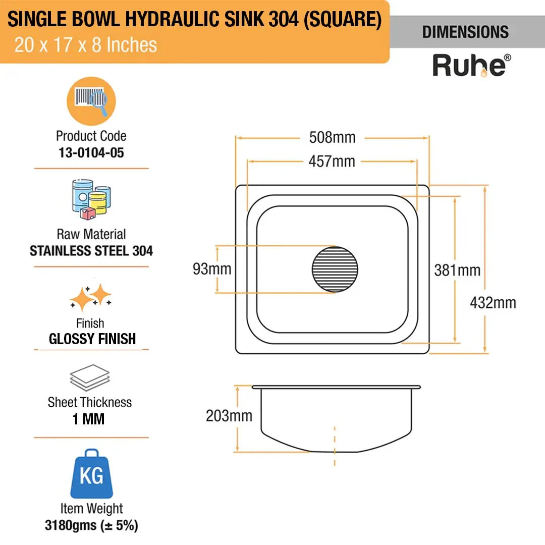 Single Bowl Kitchen Sink (20 x 17 x 8 Inches)(Dimension)
