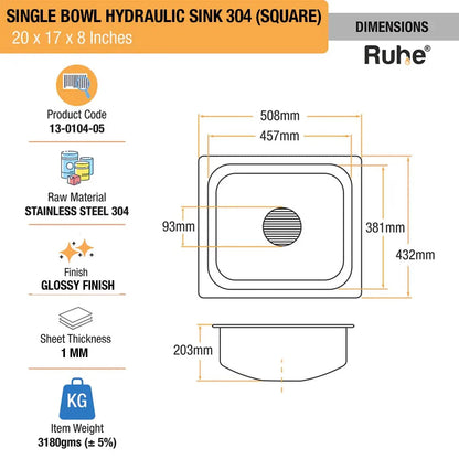 Single Bowl Kitchen Sink (20 x 17 x 8 Inches)(Dimension)