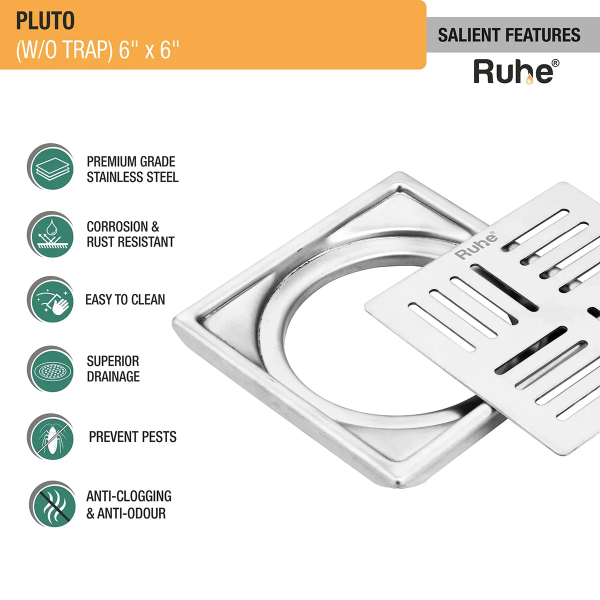 Pluto Square Premium Floor Drain (6 x 6 Inches) - by Ruhe