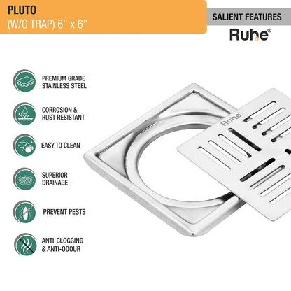 Pluto Square Premium Floor Drain (6 x 6 Inches) - by Ruhe