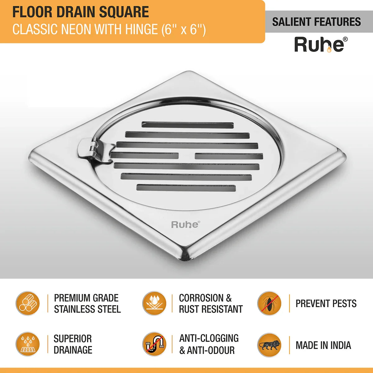 Classic Neon Floor Drain (6 x 6 inches) with Hinged Grating Top features