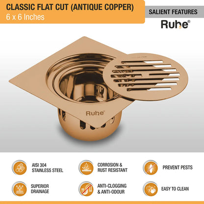 Classic Square Flat Cut Floor Drain in Antique Copper PVD Coating (6 x 6 Inches) features and benefits
