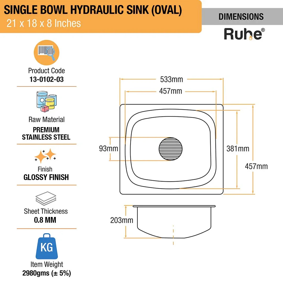 Oval Single Bowl Kitchen Sink (21 x 18 x 8 Inches)(Dimensions)