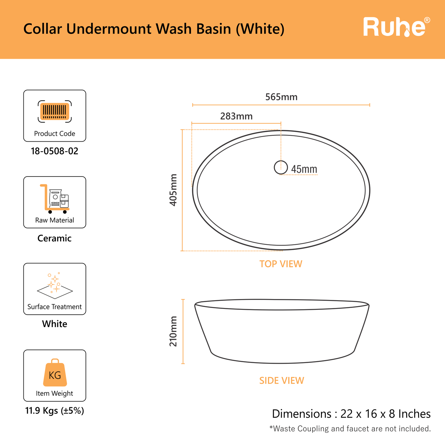 Collar Undermount Wash Basin (dimensions)