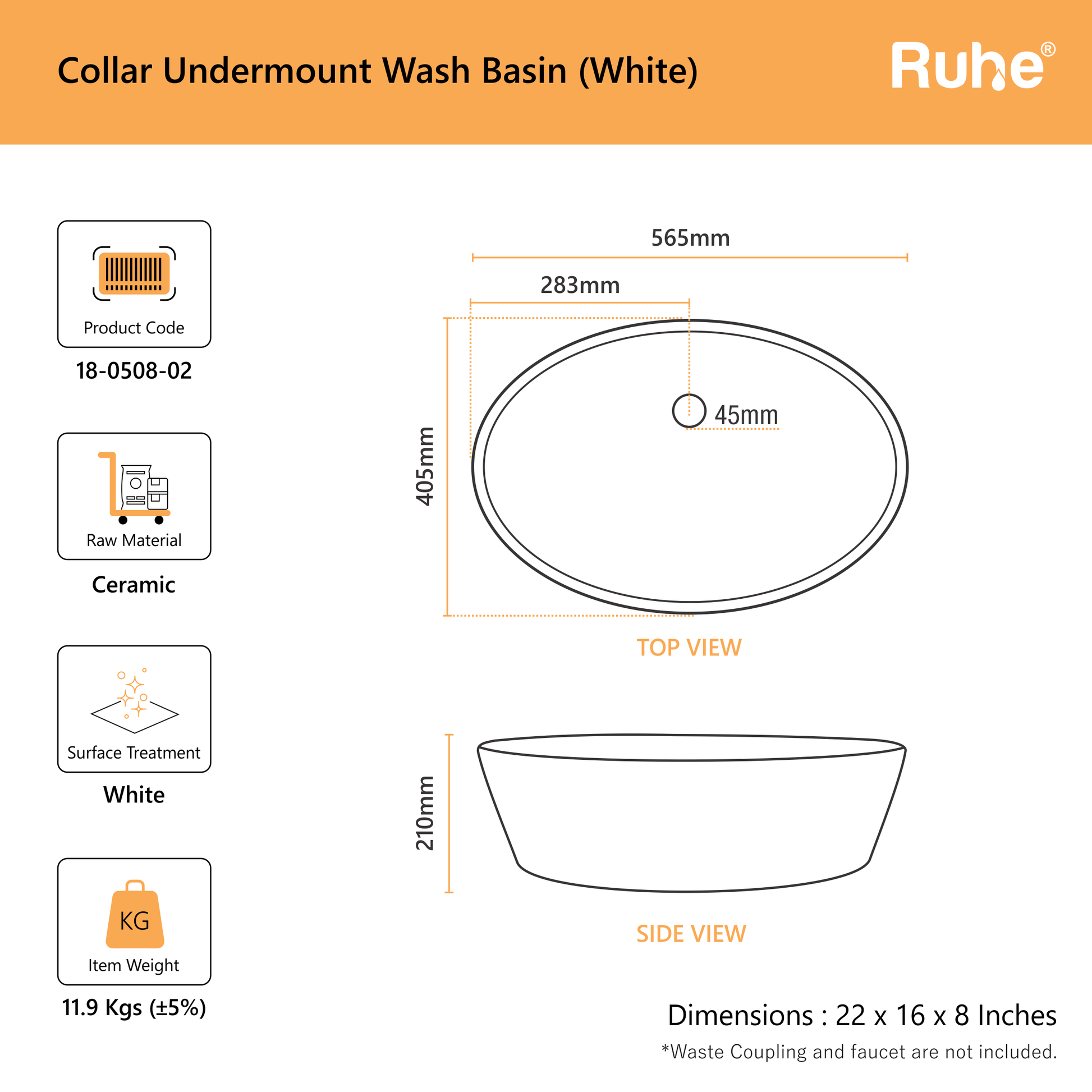 Collar Undermount Wash Basin (dimensions)