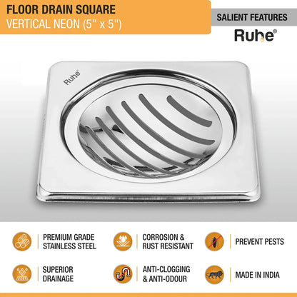 Vertical Neon Square Floor Drain (5 x 5 inches) features