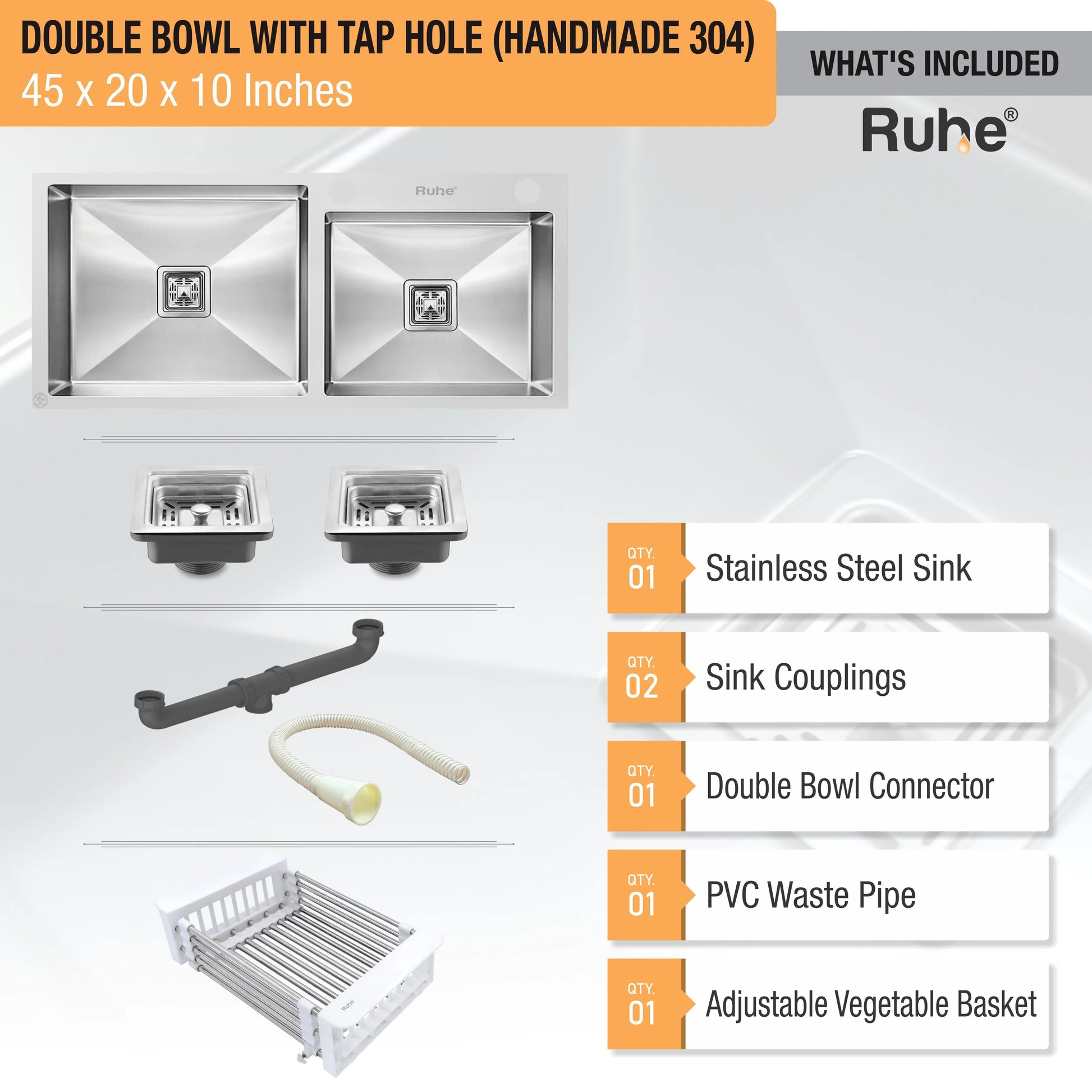 Handmade Double Bowl with Tap Hole Kitchen Sink (45 x 20 x 10 Inches) (What's Included)