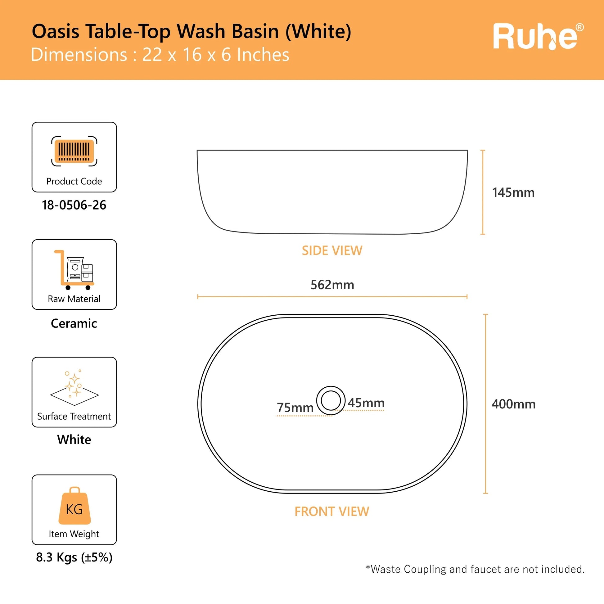 Oasis Table-Top Wash Basin (dimensions)