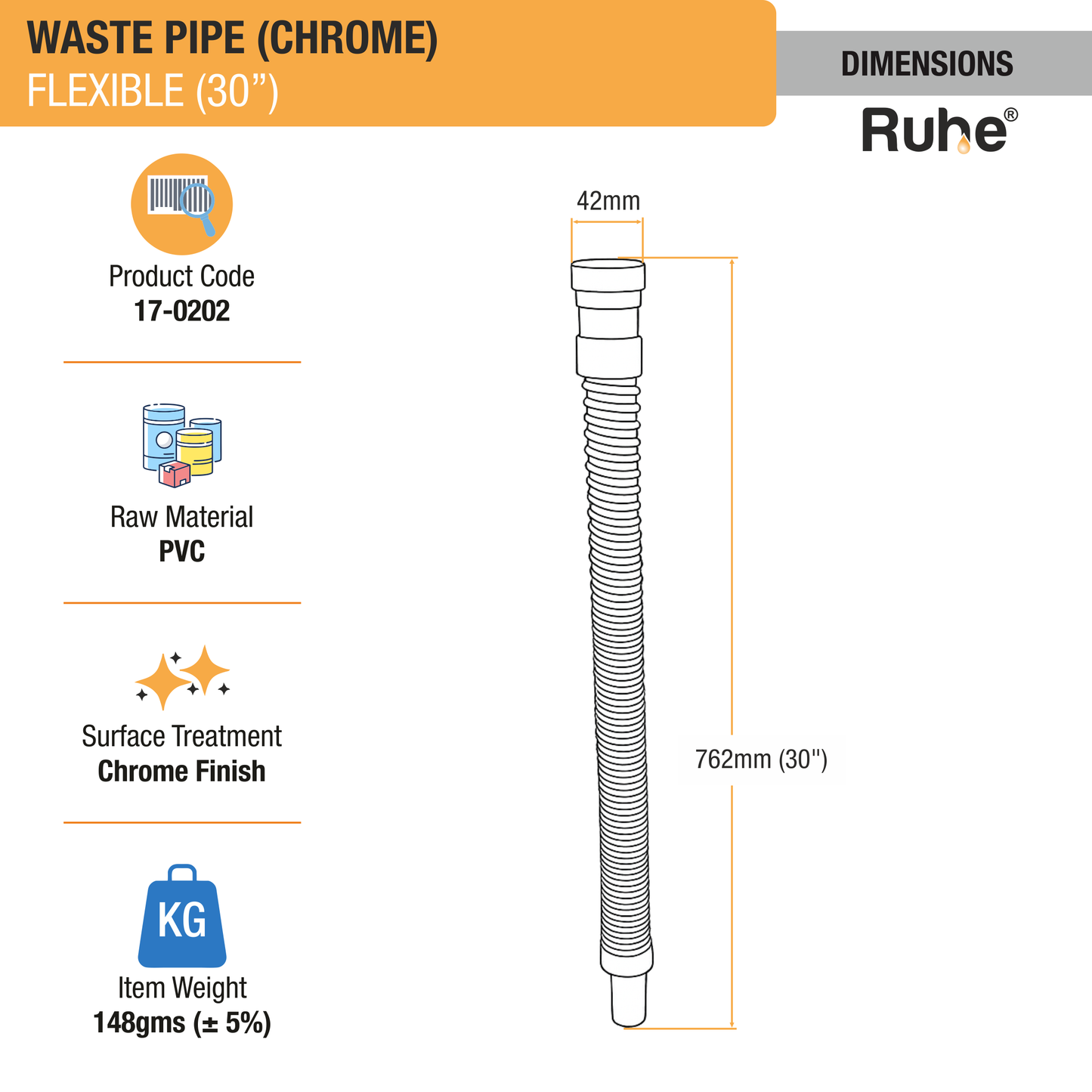 PVC Flexible Waste Pipe with Chrome Finish (30 Inches) - By Ruhe