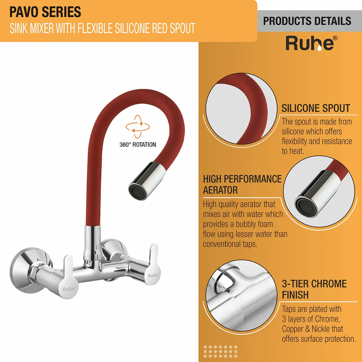 Pavo Sink Mixer Brass Faucet with Silicone Red Flexible Spout product details like silicone spout, high quality aerator, and 3 layer protection