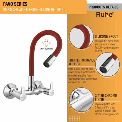 Pavo Sink Mixer Brass Faucet with Silicone Red Flexible Spout product details like silicone spout, high quality aerator, and 3 layer protection