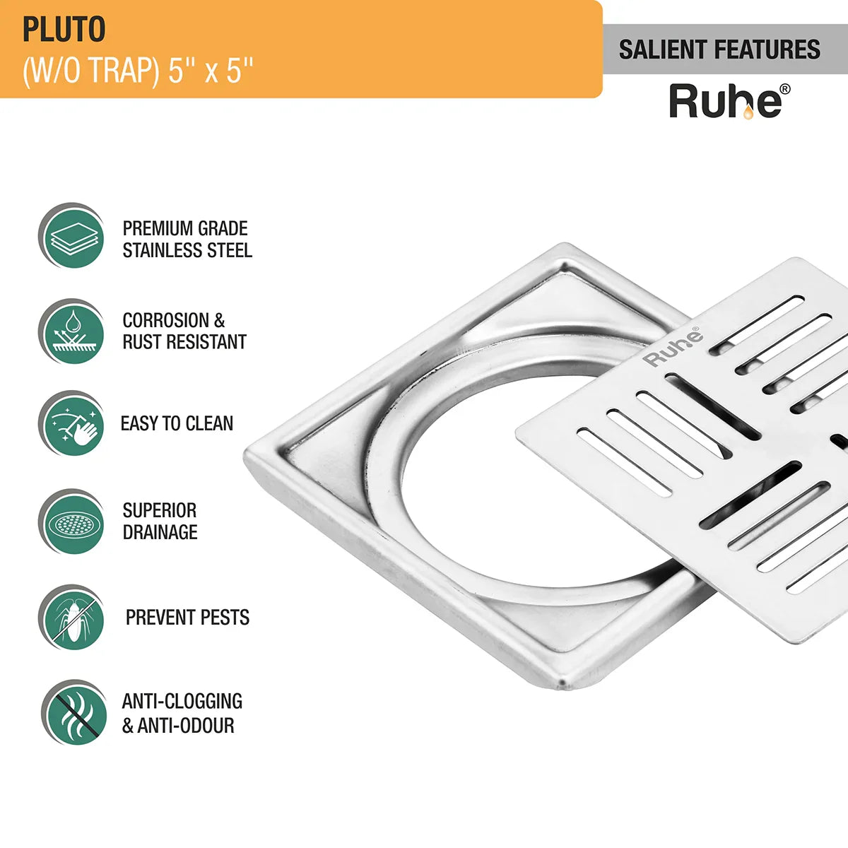 Pluto Square Premium Floor Drain (5 x 5 Inches) - by Ruhe
