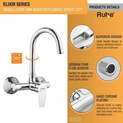 Elixir Single Lever Wall-mount Kitchen Sink Mixer Tap with Medium Swivel Spout (15") - by Ruhe
